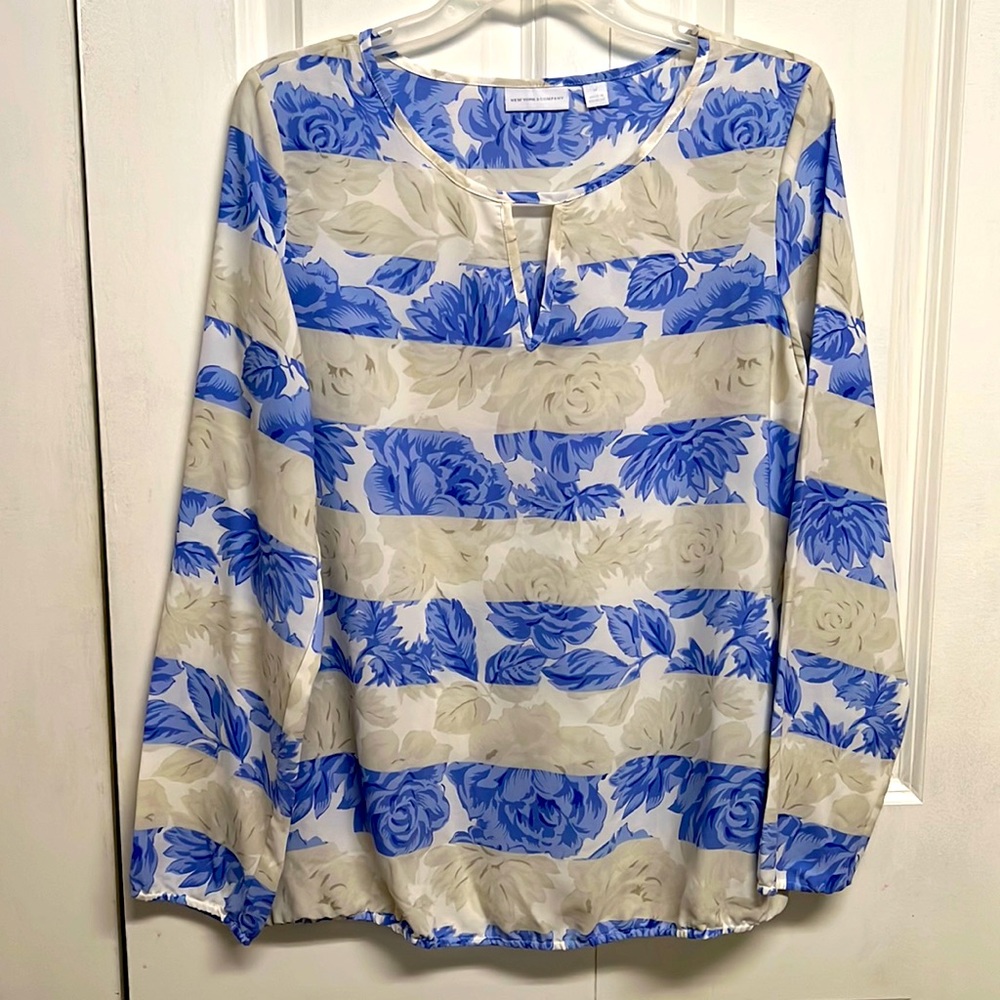 New York & Co. Blue Tan White Rose Print Long Sleeve Sheer Top Size M